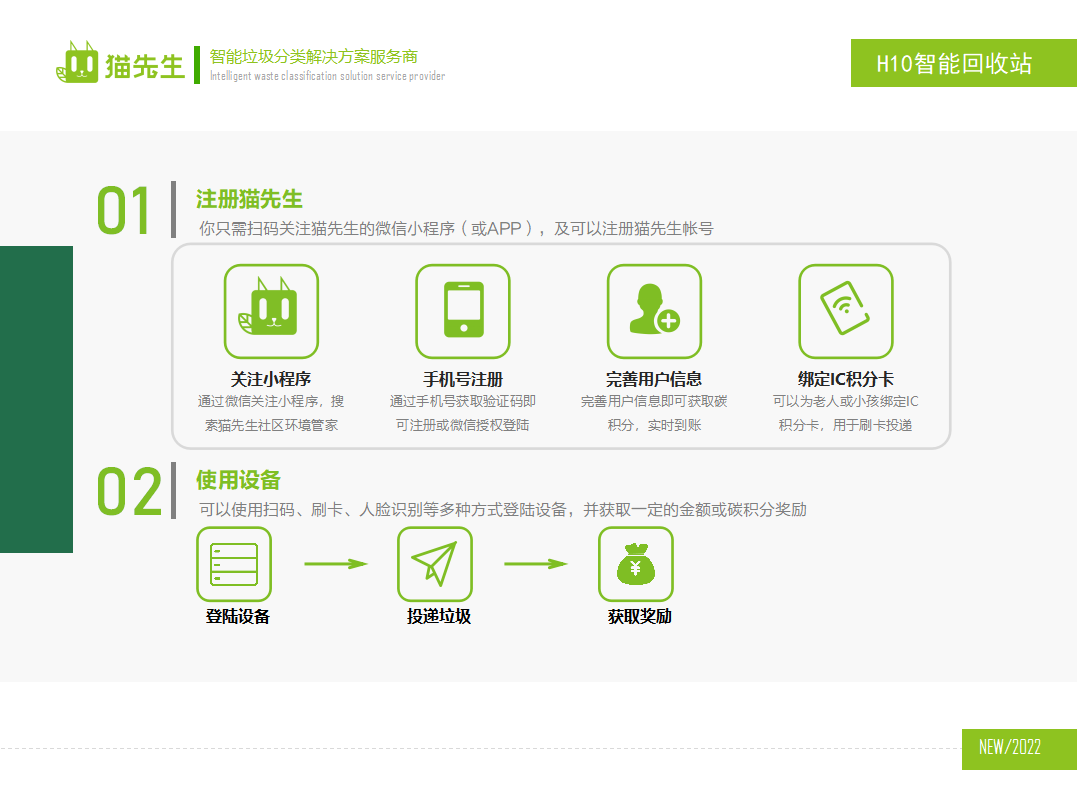 貓先生智能再生資源回收站，廢舊物資回收站，智能再生資源回收箱使用流程，社區(qū)垃圾分類站生產(chǎn)廠家